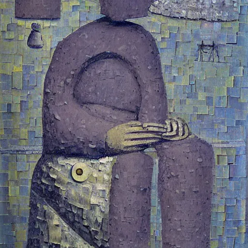 Image similar to a detailed impasto painting by shaun tan and ben shahn of an abstract forgotten sculpture by the caretaker and ivan seal