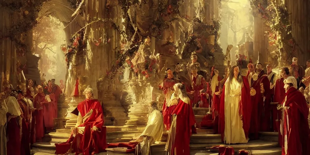 Image similar to beautiful oil painting, steve buscemi in royal crimson robes enthroned as the god emperor of ancient rome a golden wreath upon his head, by anders zorn, wonderful masterpiece by greg rutkowski, beautiful cinematic light, american romanticism, by thomas lawrence, greg rutkowski