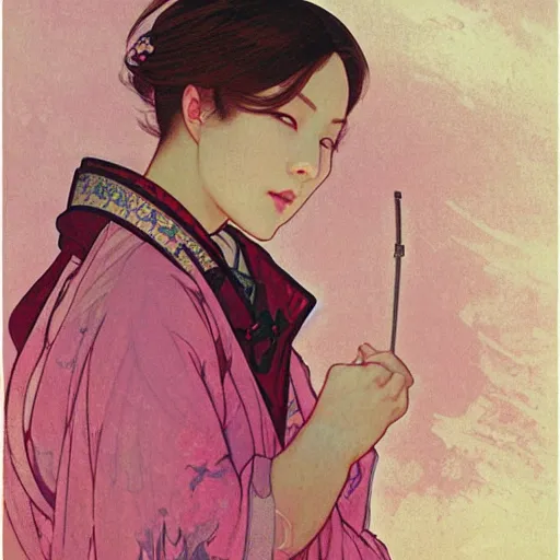 Prompt: portrait of pink short haired samurai girl with a coat and bandages on chest, by wlop and ross tran alphonse mucha