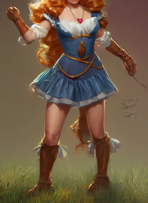 Prompt: beautiful female dorothy gale, margot robbie as dorothy, full body character concept, armor, super powers, fantasy, intricate, elegant, highly detailed, digital painting, artstation, concept art, shining, sharp focus, illustration, art by stanley lau