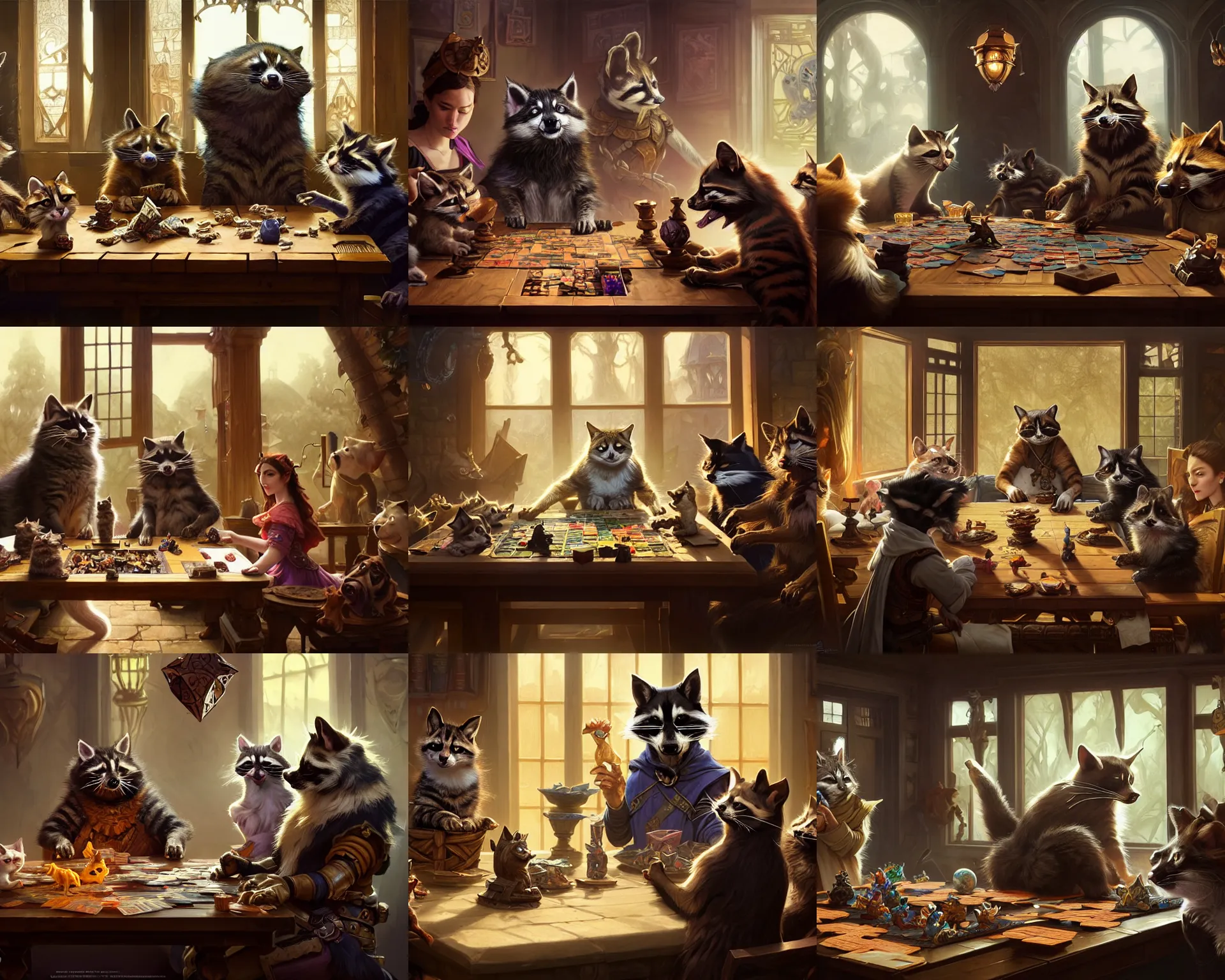 Prompt: film still, cat, dog, raccoon, pig sit at table playing dnd, deep focus, d & d, fantasy, intricate, elegant, highly detailed, digital painting, artstation, concept art, matte, sharp focus, illustration, hearthstone, art by artgerm and greg rutkowski and alphonse mucha.