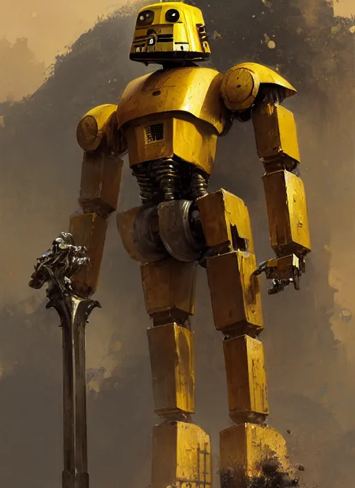 Image similar to human-sized strong intricate yellow pit droid carrying very detailed perfect antique great sword and beautiful large paladin shield, pancake short large head, exposed metal bones, painterly humanoid mecha, slightly far away, by Greg Rutkowski