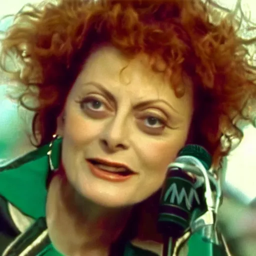 Image similar to 1 9 9 0 s video still of susan sarandon, wearing hip hop urban clothing, rapping on stage at a small outdoor concert, vhs artifacts