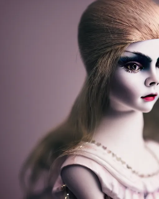 Image similar to high quality presentation photo of cara delevigne as a porcelain doll, photography 4k, f1.8 anamorphic, bokeh, 4k, Canon, Nikon