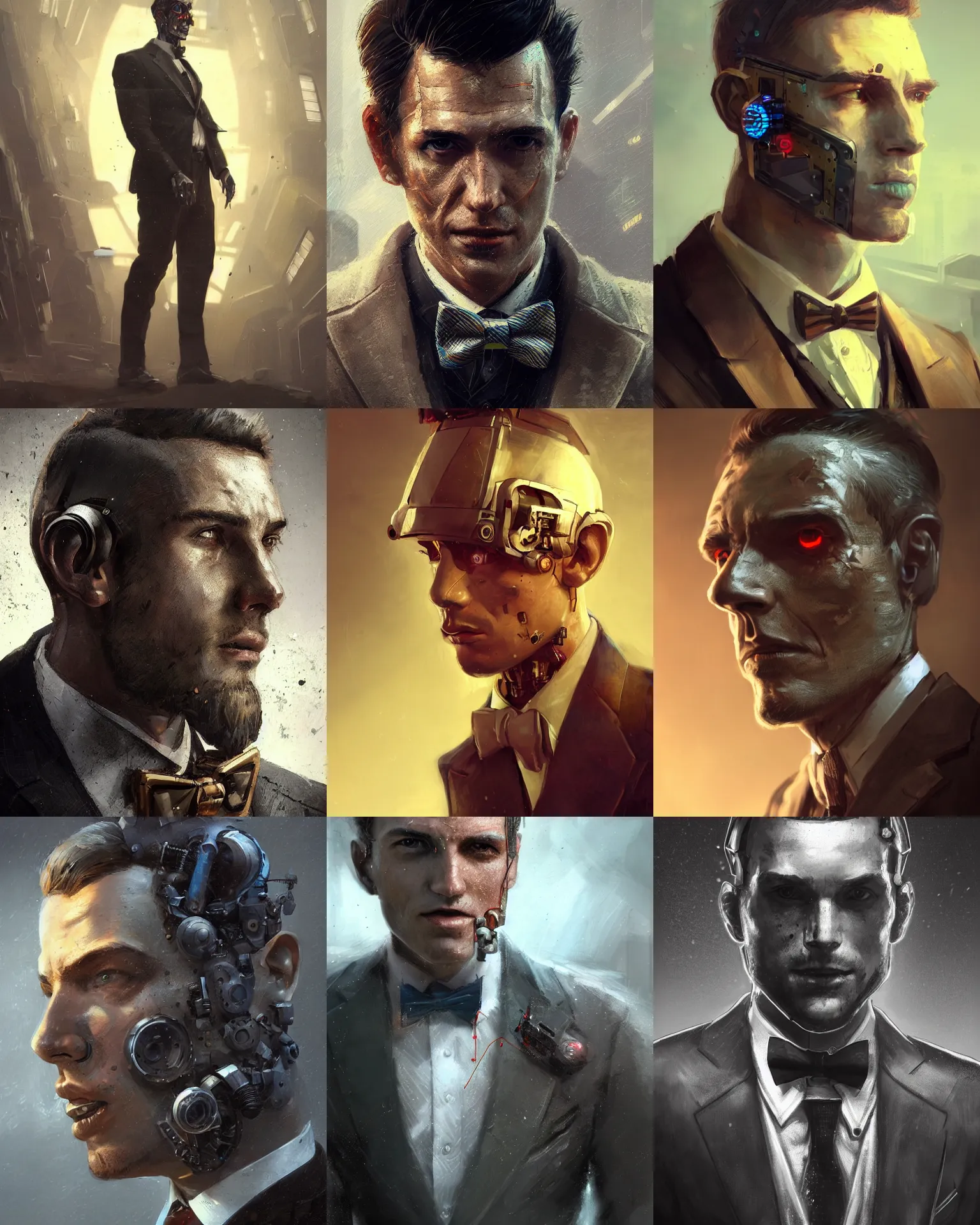 Prompt: a rugged young engineer man with cybernetic enhancements wearing a suit and bowtie, detailed face, scifi character portrait by greg rutkowski, esuthio, craig mullins, 1 / 4 headshot, cinematic lighting, dystopian scifi gear, gloomy, profile picture, mechanical, half robot, implants, steampunk