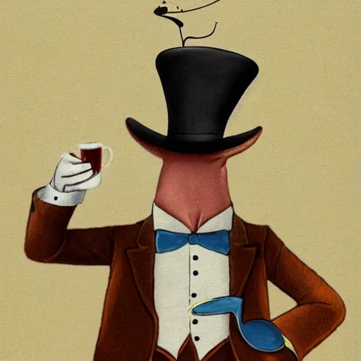 Image similar to anthropomorphized dolphin, wearing a top hat and drinking tea