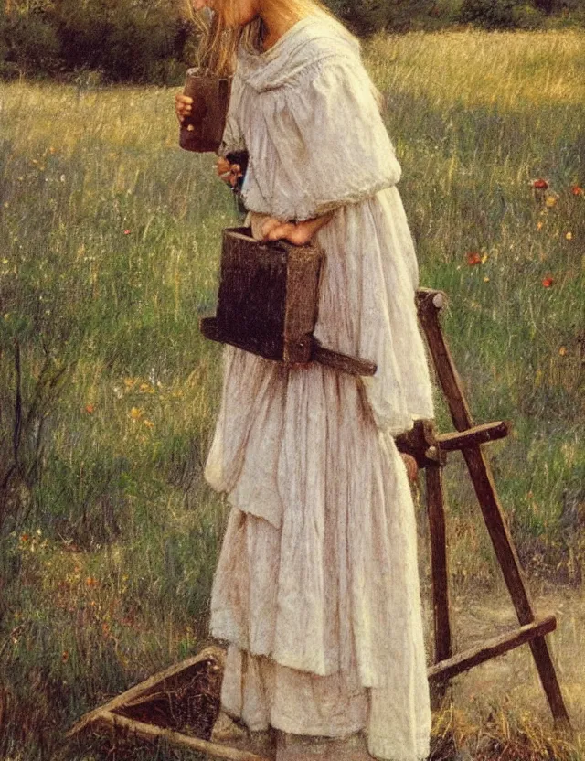 Image similar to peasant girl drawing on a easel, cottage core, cinematic focus, polaroid photo bleached vintage pastel colors high - key lighting, soft lights, foggy, by steve hanks, by lisa yuskavage, by serov valentin, by tarkovsky, detailed, oil on canvas