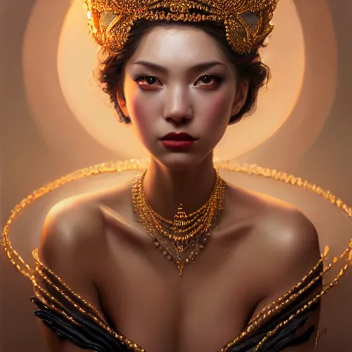 Prompt: expressive oil painting, of alluring european princess, adorable look, smooth glowing skin, glistening body, bright eyes, love, adoration, ornate headpiece of black beads, tattoo, glamour shot, by yoshitaka amano, by greg rutkowski, by jeremyg lipkinng, by artgerm, digital art, octane render