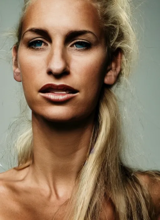 Image similar to photograph of an olive skinned blonde female in her late twenties, her hair pinned up, wearing a designer top, looking content, focused on her neck, photographer annie leibovitz