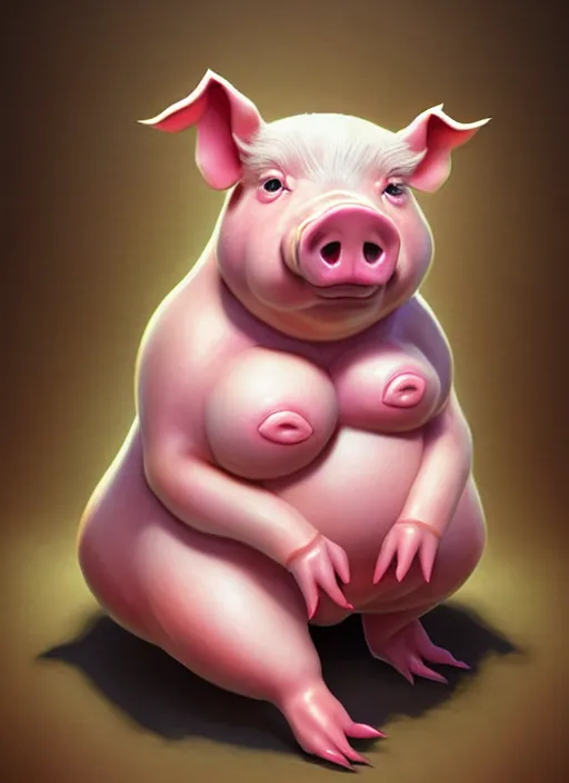 Image similar to Full body Chubby Pig character portrait of a female humanoid pig by Mark Arian. She has a cute beautiful attractive detailed pig snout. She is Sitting on a stove oven where the fire is burning from underneath her visibly. Character design by charlie bowater, ross tran, artgerm, and makoto shinkai, detailed, inked, western comic book art