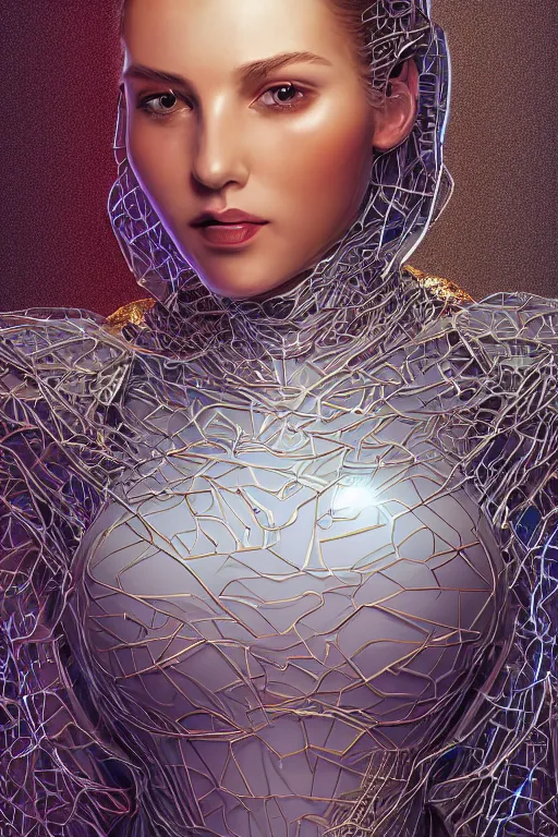 Prompt: detailed portrait cyber noun, attractive feminine curves, intricated, scifi, futuristic, elegant cape, year 2 1 0 0, elegant, alien room background, white, blue, pink, gold, photorealism, trending on artstation, so - s 1 4 8 ft light, holy machine, advanced technology, art by vitaly bulgarov and chanthara