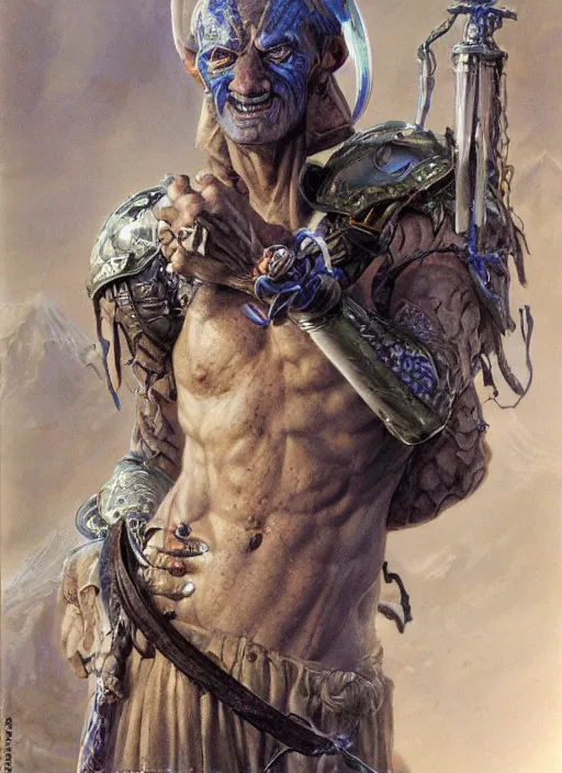 Prompt: a hyperrealistic and detailed paintbrush portrait of a bald male fantasy character, art by donato giancola and bayard wu and gustav moreau and wayne barlowe, rpg portrait, 8 0's fantasy movies, dungeons & dragons, fantasy art