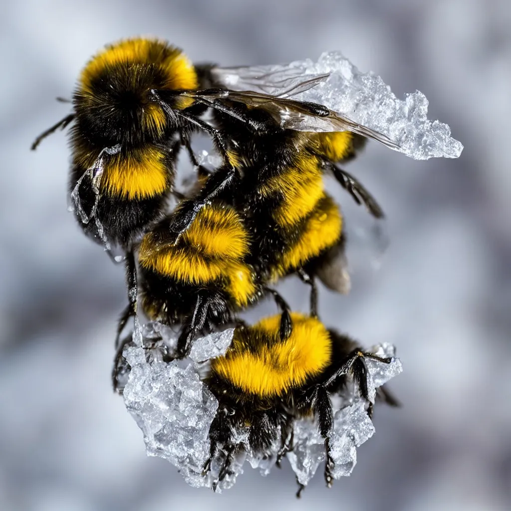 Prompt: a nature photograph macro shot of a bumblebee pollinating a frozen ice flower. snow in the background