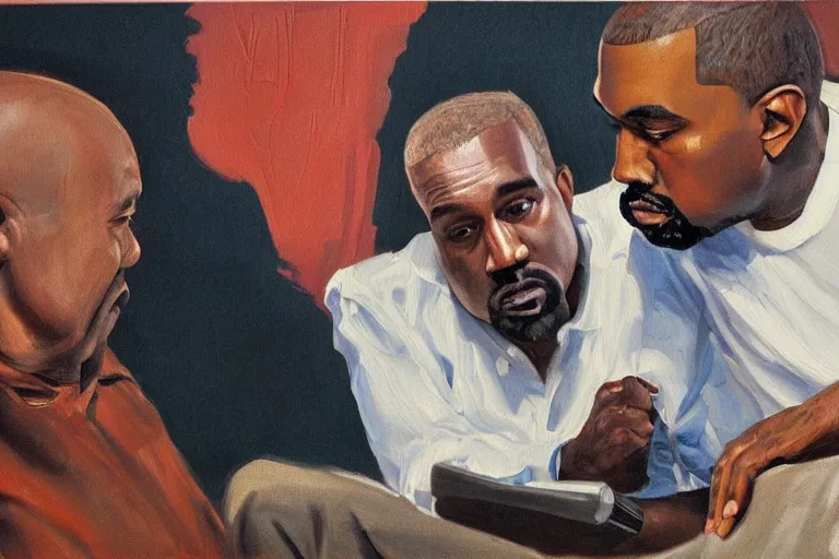 Image similar to Kanye West explaining something to Walt disney, oil painting by wilson mclean, sharp focus, a masterpiece, highly detailed
