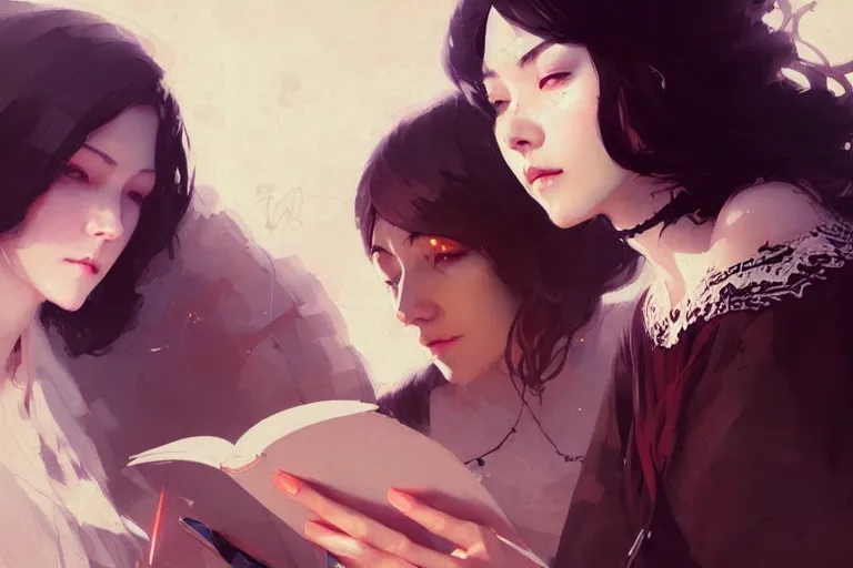 Image similar to portrait of two wise and very beautiful women discussing some texts, art by guweiz and greg rutkowski, intricate, elegant, highly detailed, smooth, sharp focus, artstation