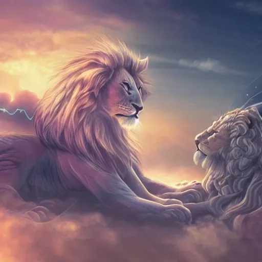 Prompt: the ancient world, hyper complexity, highly detailed, cinematic lighting, pastel colored sunrise, flying robotic cat with gold metal huge wings on its back in the cloudy sky, sharp outlines, complete whole lion body, another sleeping cat face in the clouds watching each other, hyperrealistic, trending on pixiv fanbox, love death robot,