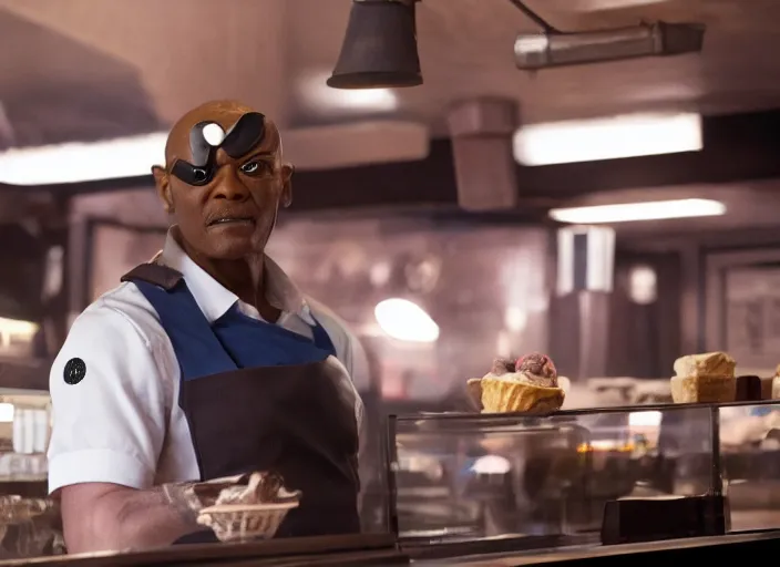 Image similar to film still of Nick Fury working in an Ice Cream shop in the new Avengers movie, 4k