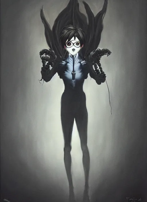 Image similar to dark portrait painting of tracer from overwatch, in style of zdzisław beksinski, scary, horror, overwatch tracer character, dressed in dark garment, black tendrils, tall,