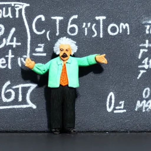 Image similar to claymation miniature scene of albert einstein standing in front of miniature blackboard with lots of mathematical formulas chalked on