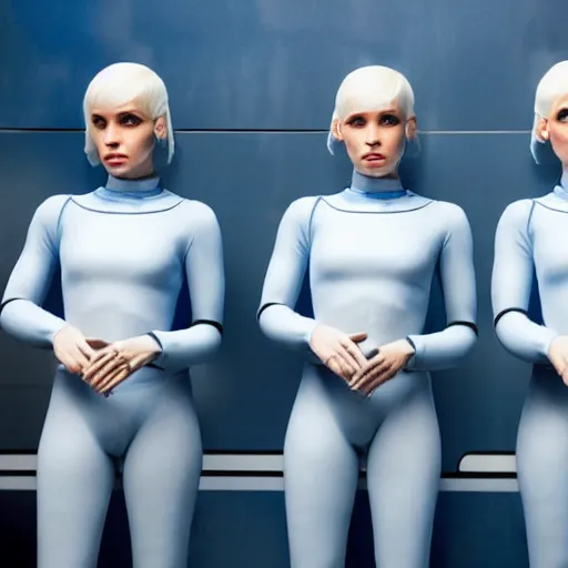 Image similar to troop of cloned women with white bob hairdos, tight light blue space cadet suits, futuristic cloning facility, sci - fi, highly detailed, cinematic