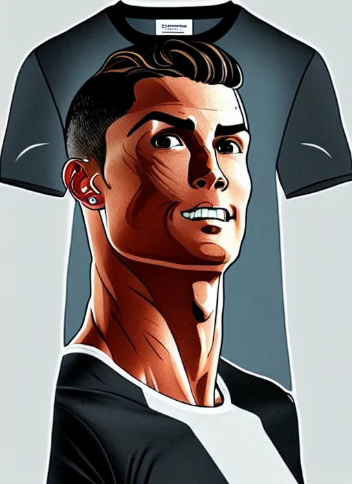 Prompt: cristiano ronaldo, t - shirt, modern casual clothing, natural lighting, path traced, highly detailed, high quality, cartoon, digital painting, by don bluth and ross tran and studio ghibli and alphonse mucha