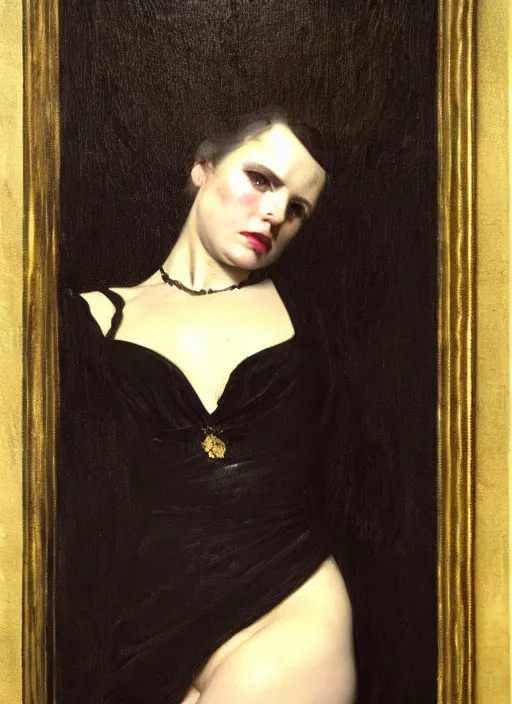 Image similar to highly detailed oil painting | very intricate | cinematic lighting | black, white and gold color scheme, dark background | a woman in black dress | by roberto ferri, by gustav moreau, by singer sargent and klimt, american romanticism, occult art | by austin osman spare, artstation, cgsociety, official art, octane