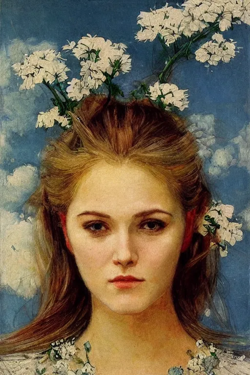 Image similar to close - up fashion woman portrait airy flowers cloudy sky art by vasnetsov