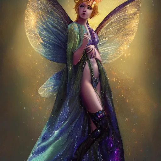 Image similar to detailed portrait of a fairy queen with wings wearing a silk robe and a cover for her face, crown, pixie, iris, realism, emerald, galaxy, sapphire,blonde hair going down to the floor, moonlit, dark fantasy, dramatic lighting, cgsociety, artstation