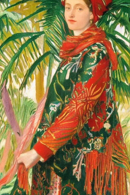 Prompt: a girl with arabesque red and green and golden detailed scarf set on a detailed persian carpet, tree palms in background, painting by john singer sargent