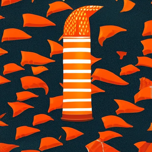 Image similar to orange and white striped traffic cone with 5 rows of shark teeth breaking through the cracks, ocean background detailed atmospheric - ron cheng & alphonse mucha, highly detailed, digital painting, ray tracing, concept art, illustration, smooth sharp focus, intricate, symmetry, artstation,