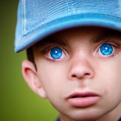 Image similar to detailed portrait of a boy with light blue eyeswearing a black cap, realistic and detailed eyes, intricate photo, incredibly highly detailed and realistic, 8 k, sharp focus