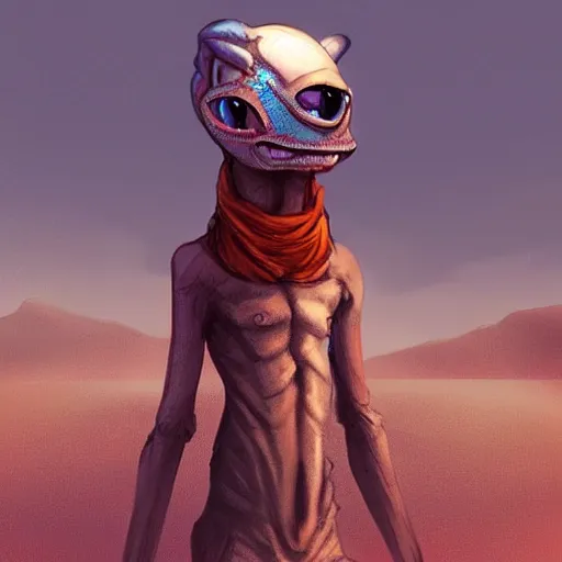 Prompt: very cute!!!! anthro lizard alien hybrid standing on two legs, wearing a scarf, desert nomad, concept art, trending artstation, apocalyptic, volumetric lighting.