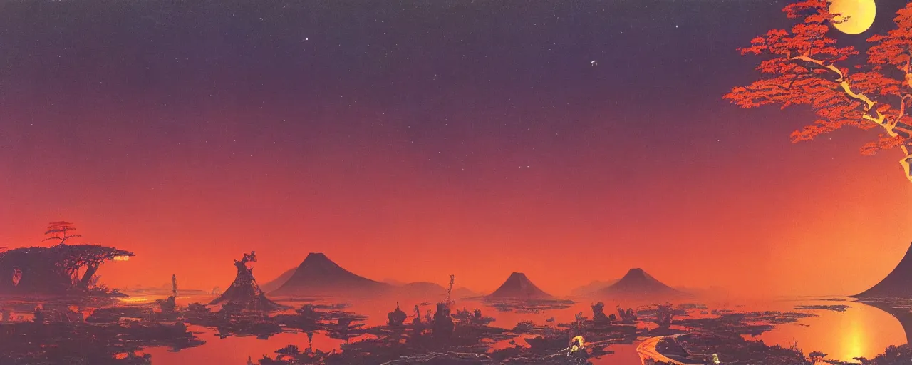 Prompt: awe inspiring bruce pennington landscape, digital art painting of 1 9 6 0 s, japan at night, 4 k, 8 k