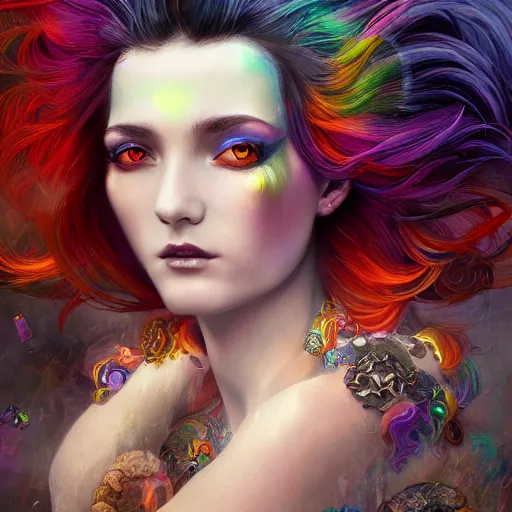 Image similar to demon goddess with rainbow windswept hair portrait surrounded by crystals, hyper - detailed, cgsociety, 8 k, high resolution, in the style of charlie bowater, tom bagshaw, norman rockwell, gerald brom, adam hugh