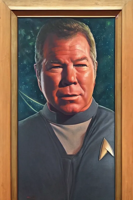 Prompt: beautiful oil painting of william shatner in star trek ( 1 9 6 6 ) by chie yoshii, full body portrait, space, symmetrical face, dramatic lighting