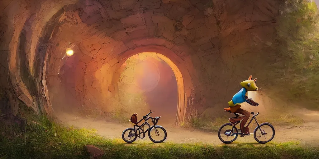 Image similar to A chipmunk riding a bike through a portal. Detailed digital matte painting in the style of simon stalenhag