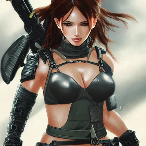 Prompt: concept art illustration of young japanese christina hendricks natalie portman as lara croft anime protagonist, wearing combat warrior fantasy bikini, intricate, elegant, art by artgerm and rosstran, masamune shirow