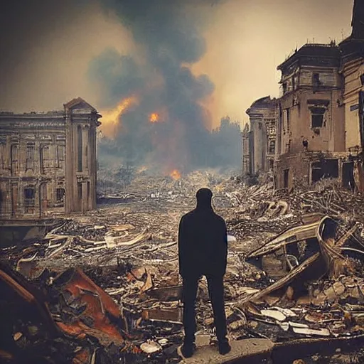 Prompt: the city is burning and fire is everywhere, palaces are collapsing just a man was standing alone crying while world is getting destroyed detailed picture