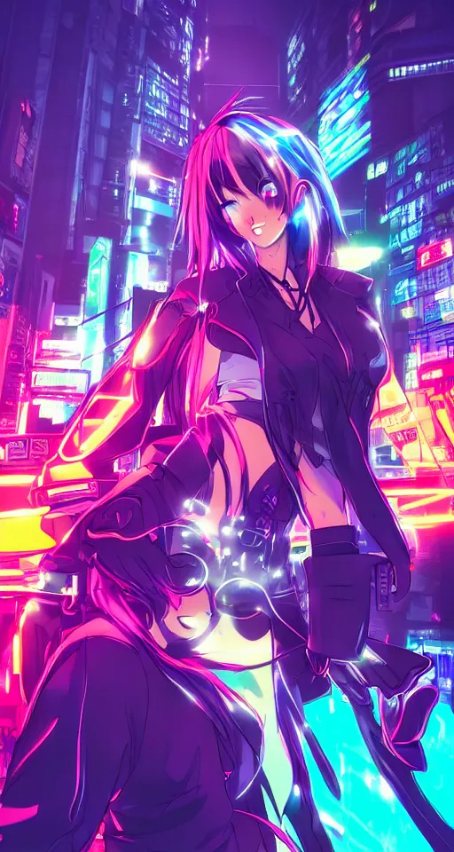 Image similar to anime, cyberpunk women, city, neon lights, glow, retrowave style, sunset,