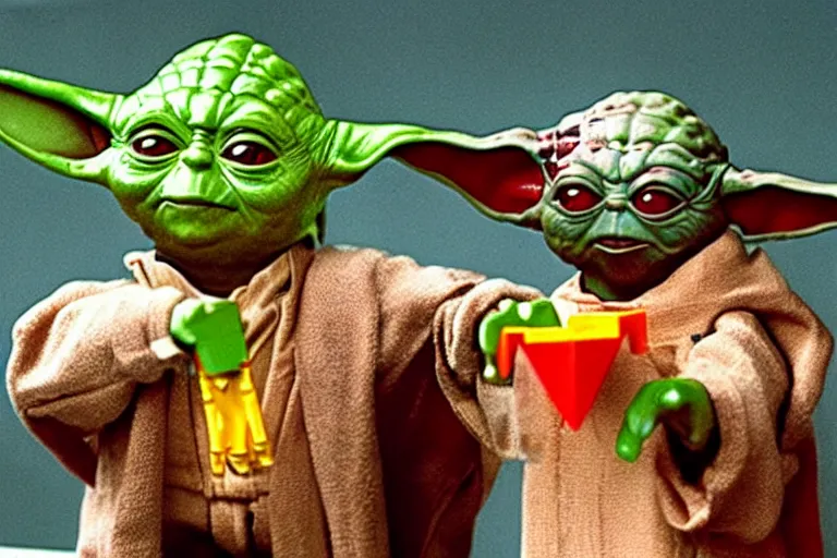 Image similar to yoda stoned with bloodshot eyes eating doritos, 1 9 8 5 lego set