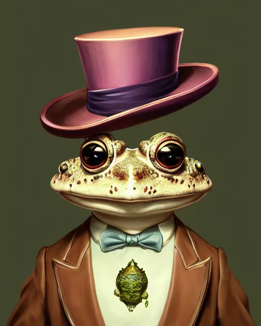 Image similar to close portrait of a fancy toad ( animal ) with a top hat, smoking weed, vaporwave, bedroom, highly detailed, digital painting, artstation, concept art, smooth, sharp focus, illustration, art by artgerm and greg rutkowski and alphonse mucha