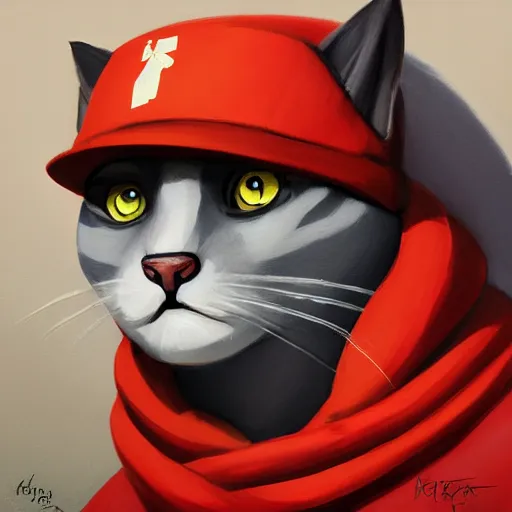 Image similar to Portrait painting of an anthropomorphic gray cat wearing as Soviet leader, as an Overwatch character, medium shot, asymmetrical, profile picture, Organic Painting, sunny day, Matte Painting, bold shapes, hard edges, street art, trending on artstation, by Sergey Kolesov