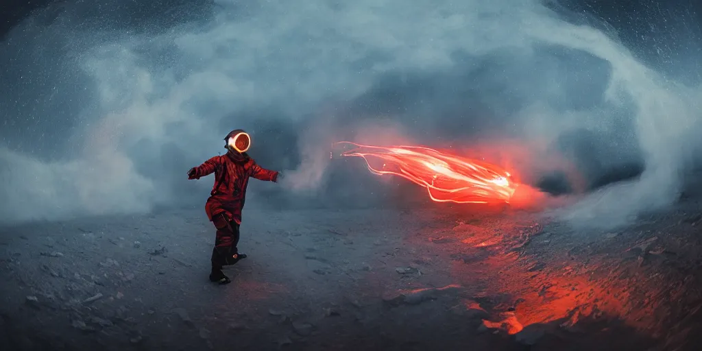 Image similar to fisheye slow motion with trail fire effect of futuristic break dancer wearing long dark cloak and golden helmet emitting fire, long exposure shot , enigmatic, at night in the middle of the arctic with red light A letter, paddle of water, steam, fog, water splashes, rim lights, glossy reflections, water droplets on lens, octane render, Volumetric dynamic lighting, stunning cover magazine, high details,