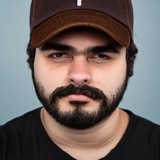 Prompt: portrait of an overweight 2 1 year old italian man with shaggy brown facial hair, wavy hair, big nose, and a dad hat