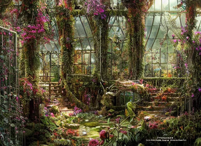 Prompt: an elaborate lovecraftian garden with exotic flowers, shrubberies and a beautiful greenhouse intricate, elegant, highly detailed, matte, sharp focus, illustration, art by ferdinand knab, greg rutkowski and thomas kinkade