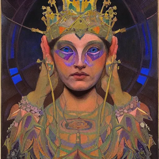 Image similar to crown of shadows, by Annie Swynnerton!! and Nicholas Roerich! and (((((( Diego Rivera)))))), bioluminescent skin!, elaborate costume, geometric ornament, symbolist, rich colors, dramatic lighting, smooth, sharp focus, extremely detailed