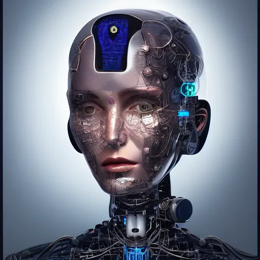 Image similar to portrait of a robot woman, artificial intelligence, sci-fi components, intricate wiring, studio lightning, concept art, photorealistic, digital painting