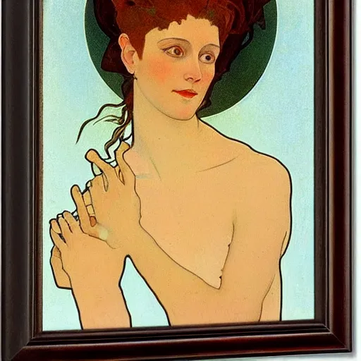 Image similar to portrait of Neytiri with tan skin and spiky short red hair by Alphonse Mucha and Grant Wood
