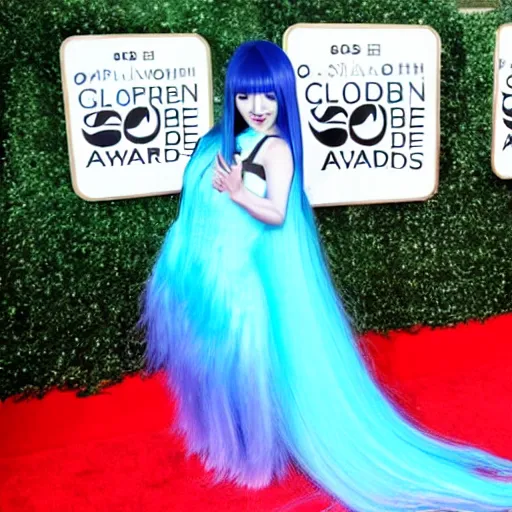 Prompt: photo still of actress miku hatsune with cyan hair, on the red carpet