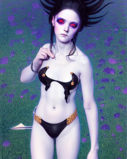 Image similar to portrait of beautiful cute young goth maiden girl with short white hairs in warhammer bikini armor, art by ( ( ( kuvshinov ilya ) ) ) and wayne barlowe and gustav klimt and artgerm and wlop